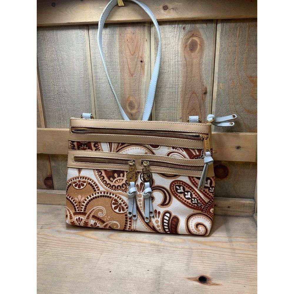 SPARTINA 449 Hipster Crossbody Purse Tan Blue Leather & Floral Linen Paisley